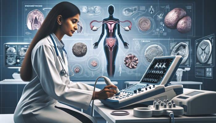 Female gynaecologist using ultrasound to diagnose patient, with endometriosis and fibroids diagrams in background.