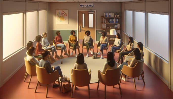 A diverse group of women in CBT sessions at an NHS clinic, symbolizing accessible mental health support.
