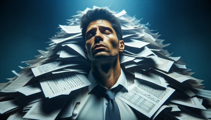 Herbal Solutions for Burnout: A person overwhelmed by paperwork in a dimly lit office, symbolising burnout.