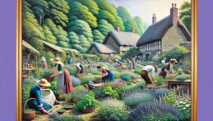 People harvesting calming herbs like lavender and chamomile in a serene UK garden, with traditional cottages and lush greenery.