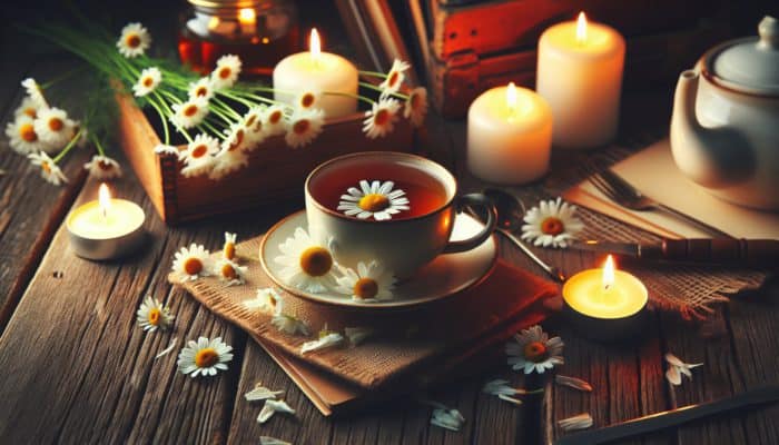 A cup of chamomile tea on a wooden table with candles and flowers, promoting relaxation and sleep.