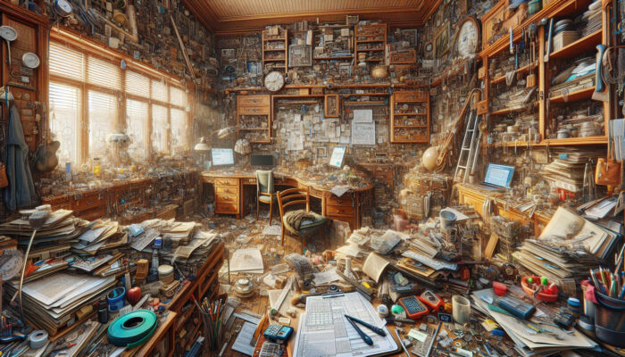 Thorough walkthrough of cluttered house, assessing furniture and items, planning clearance strategy with tools.