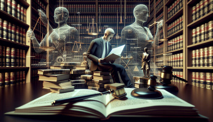 Individual in a library reading "Legal Considerations for Clearance" document, surrounded by law books, gavel, and scales of justice.