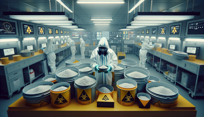 Individual in protective gear handling asbestos, surrounded by labelled hazardous waste containers in a controlled environment.