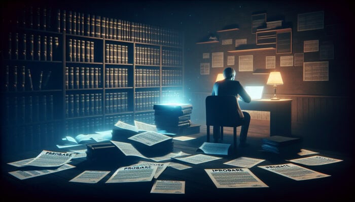 Clearing a UK Home Remotely After Loss: A somber person in a dimly lit study, surrounded by legal documents and a laptop showing probate forms, reflecting on estate clearance.