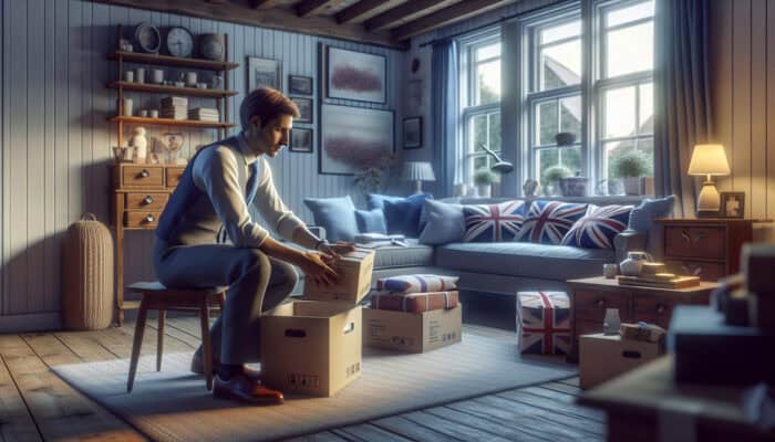 A clearance company employee packing sentimental items in a cozy UK home, symbolizing care during bereavement.