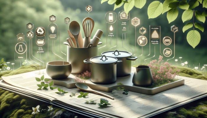 Eco-friendly cookware made from sustainable, renewable materials, minimal energy use, low environmental impact, biodegradable or recyclable with a nature backdrop.