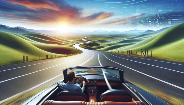 A person driving a convertible on a scenic road, symbolising freedom and flexibility.