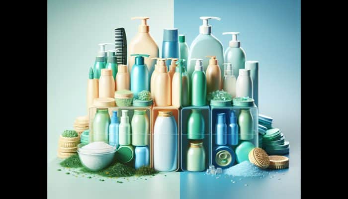 Eco-friendly hair products in refillable packaging versus traditional products in plastic bottles, showing cost-effectiveness and sustainability.
