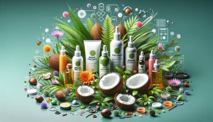 Eco-friendly hair products with argan, coconut, and jojoba oils, amidst organic plants, symbolizing hair health.