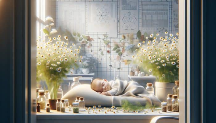 How to Use Herbs for Babies: A baby sleeping peacefully in a nursery surrounded by chamomile and fennel plants.