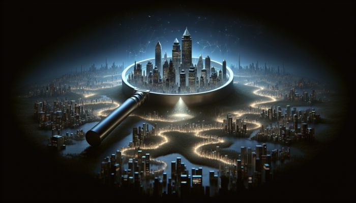 A digital landscape with a magnifying glass highlighting content gaps, skyscrapers as competitors, pathway lit by expert insights to the top.