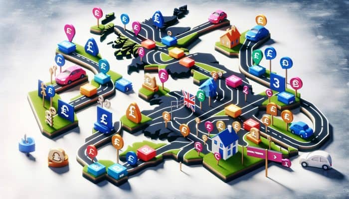 Exploring Debt Consolidation Loans: A Comprehensive Guide | DCL A detailed UK map showcasing various debt consolidation loan options with paths and signposts indicating unique benefits and tailored solutions.