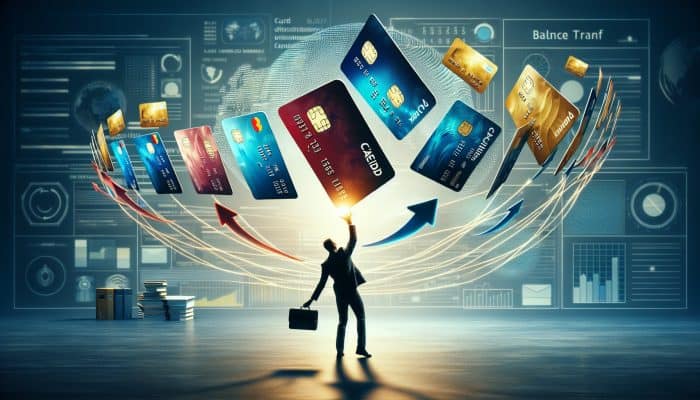 Balance Transfer Credit Cards: A Debt Consolidation Strategy | DCL Person juggling credit cards, transferring balances to a new card with lower interest in an office environment.