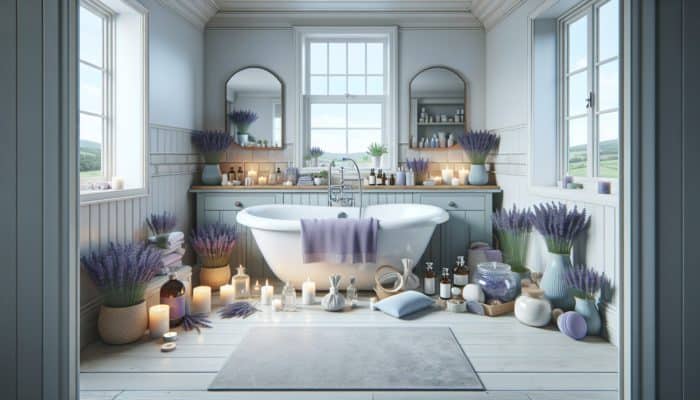 A serene UK bathroom with lavender products like oils, candles, and bath salts around a bathtub.