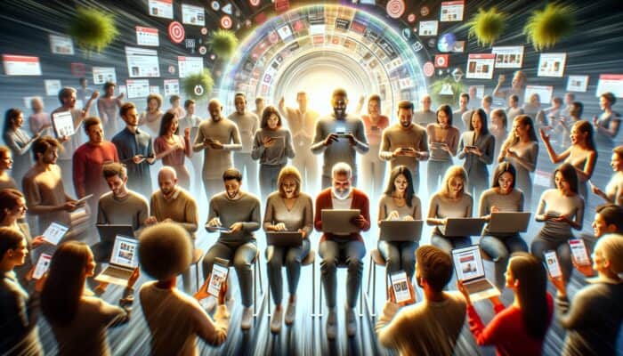 Utilising Customer Testimonials for E-Commerce SEO: A diverse group of satisfied customers sharing shopping experiences on an e-commerce site, boosting SEO.