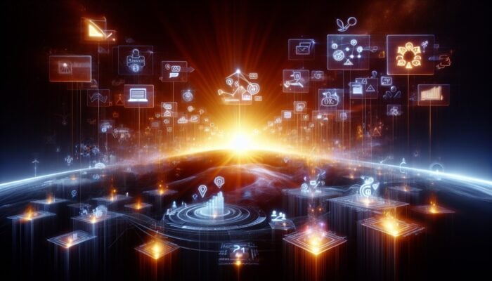 E-commerce website icons, SEO graphs, and glowing customer testimonials rising, symbolising SEO improvement.