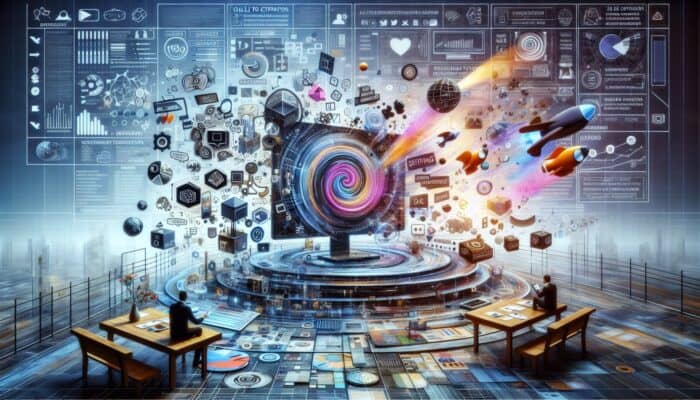 A vibrant digital screen showcasing an SEO-optimised customer testimonial with keywords, headlines, and multimedia.