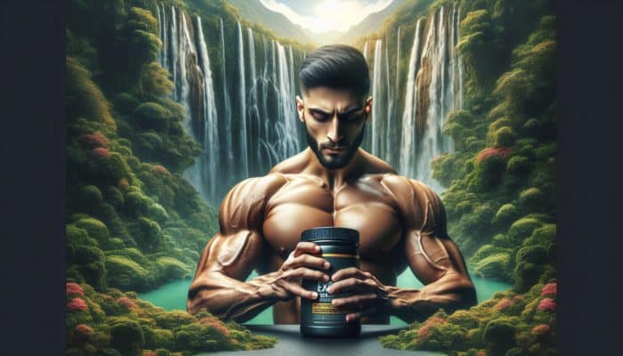Athlete preparing to take a pre-workout supplement in a serene gym environment.