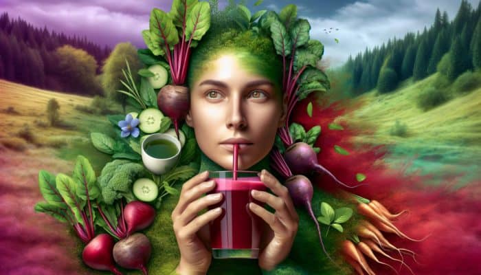 A person sipping beetroot juice and green tea in a natural setting, focused and energised.