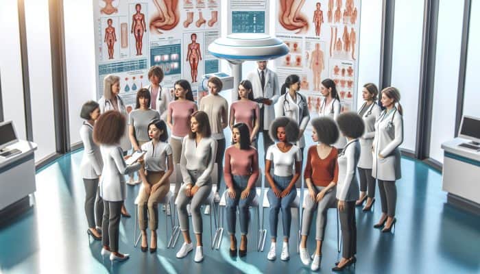 Cervical Cancer Screening Tips: A diverse group of women at a clinic receiving cervical screening, supported by staff and educational resources.