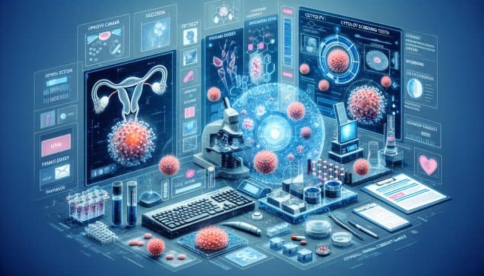 Illustration of HPV and cytology screening process for cervical cancer detection.