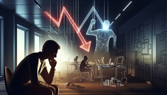 Risks of Cosigning a Debt Consolidation Loan: Key Concerns | DCL A person anxiously watches a falling credit score graph in a tense office, with a shadowy figure in the background.