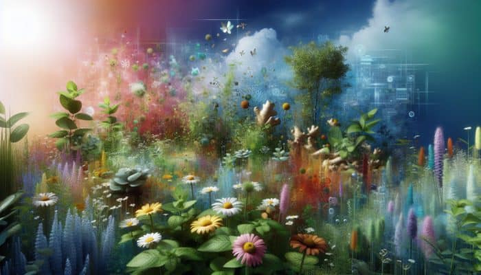 Safe Herbs for Sensitive Stomachs: A serene garden with chamomile, peppermint, ginger, and fennel plants, soothing a person with a sensitive stomach.