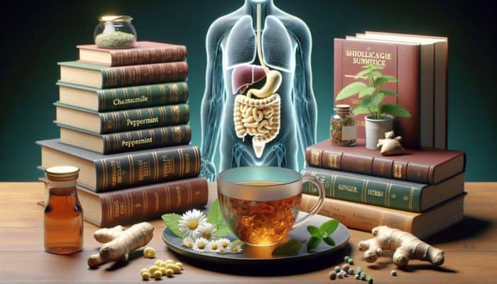 Illustration of soothing herbal tea with chamomile, peppermint, and ginger, surrounded by expert books and a calm stomach diagram.