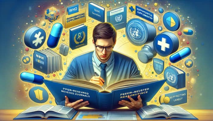 Person researching supplements, surrounded by journals, WHO/NIH guidelines, and company websites, cross-referencing with focus.