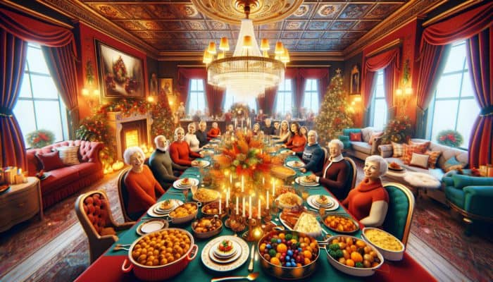 A festive table with colorful holiday side dishes like roasted vegetables, mashed potatoes, and stuffing, enjoyed by a large family.