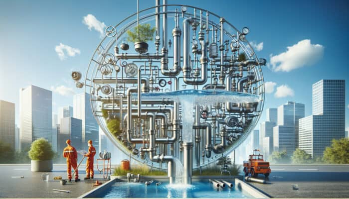 Cross-section of modern commercial plumbing systems in Burnaby with pipes, valves, and urban backdrop.