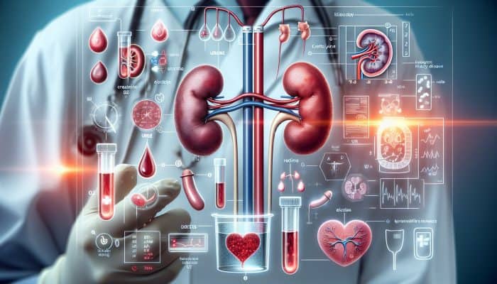 Kidney Blood Test in Rawtenstall: Illustration of kidney blood test analyzing creatinine, urea, electrolytes, showing chronic kidney disease, acute injury, infections.