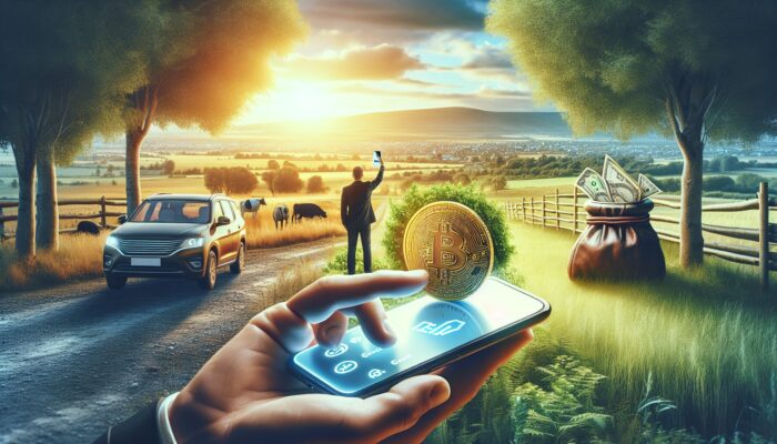 A person using a smartphone to book a budget-friendly car rental in a rural landscape, with a price comparison chart showing savings.