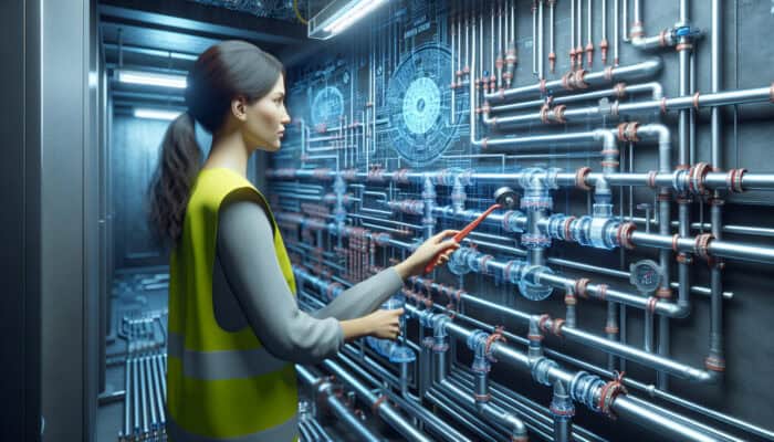 Backflow Testing Services in Pitt Meadows: A plumber inspecting pipes and backflow prevention devices in a modern utility room to ensure water safety.