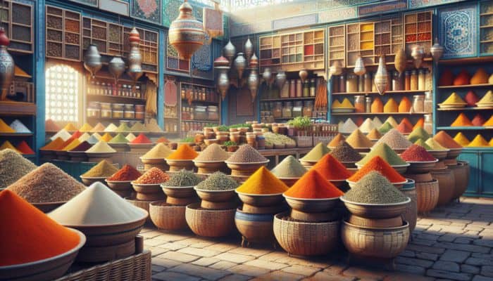 How to Make Moroccan Tagine Dishes: A vibrant Moroccan market stall with colorful piles of essential spices and aromatic herbs in traditional bowls and baskets.