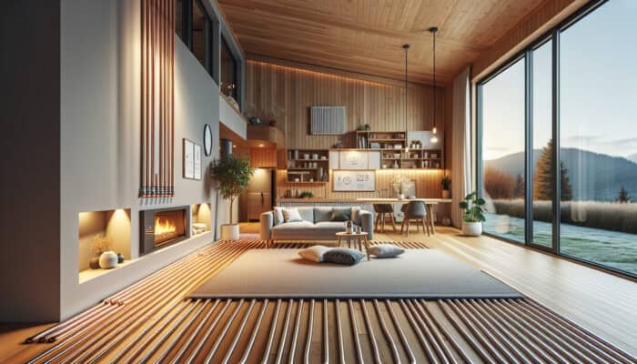 Hydronic Radiant Floor Heating Services in Langley: A modern home featuring hydronic radiant floor heating with warm water pipes beneath a chic wooden floor heating a minimalist living room.