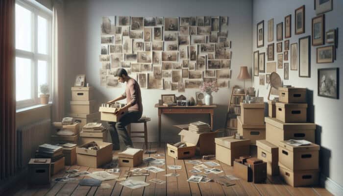 Grief Transport Tips for Clearance Items: A person packing family heirlooms and personal items into boxes in a softly lit room.