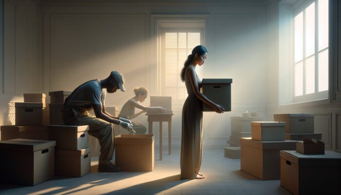 A person and professional mover packing cherished items in a serene, softly lit room.