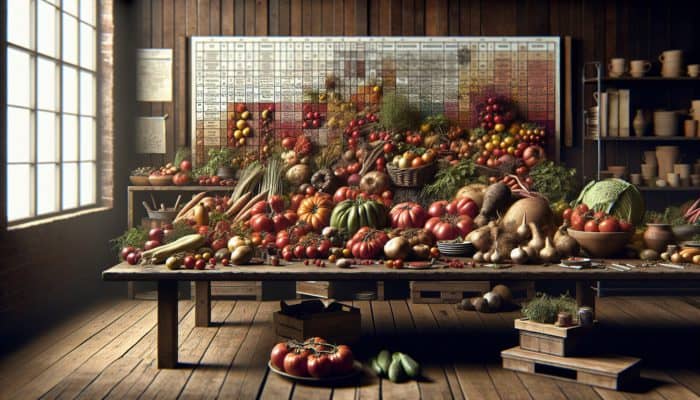 Best Tips For Rustic Food Styling: A rustic kitchen table with heirloom tomatoes, root vegetables, and seasonal produce, showcasing freshness and authenticity.