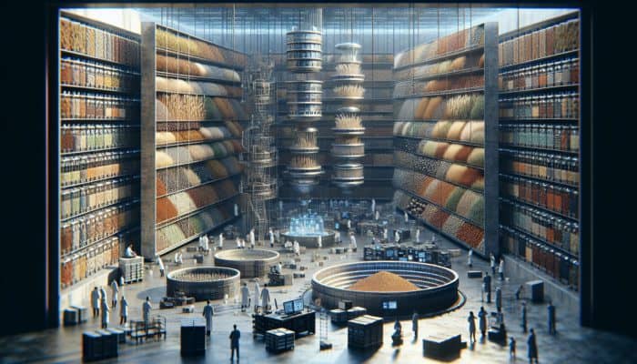 Underground vault with diverse seeds, scientists and farmers collaborating for sustainable agriculture and resilience.