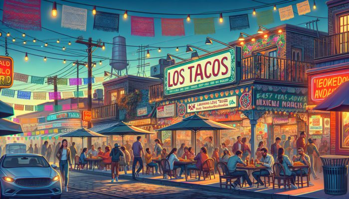 East Las Vegas street at dusk with Los Tacos restaurant, people enjoying authentic Mexican tacos.