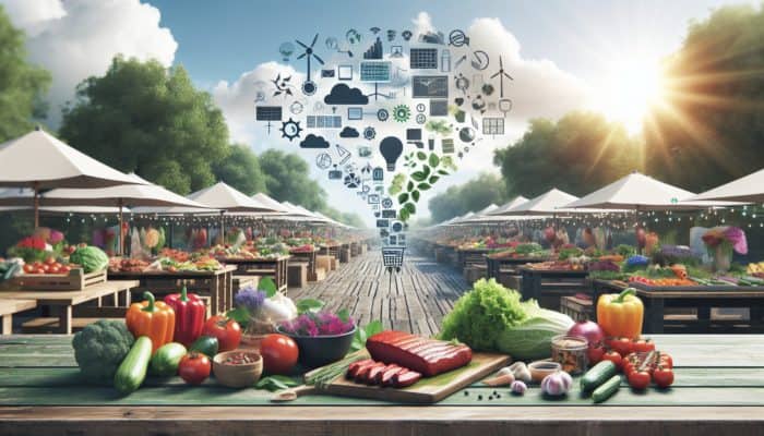 Utilising Locally Sourced BBQ Ingredients: A vibrant farmers' market showcasing local BBQ ingredients, promoting sustainability and reduced carbon footprints.