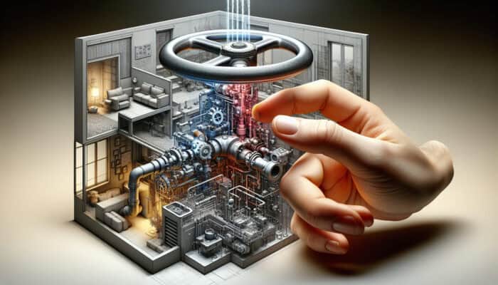 Water Valve Replacement Services in North Vancouver: A cutaway view of a modern water valve in a home, showing internal mechanisms and water flow, with a hand turning it.