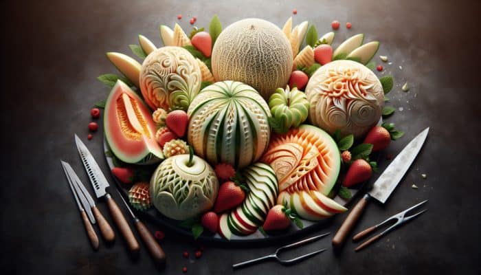 Intricately carved fruits transformed into stunning garnishes on a vibrant dessert display.