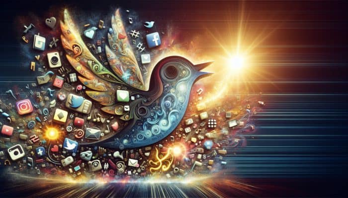 A colourful collage of social media icons and glowing '#' symbols representing hashtag trends.