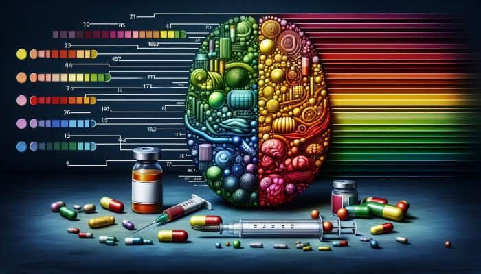 A medical chart displaying vitamin B12 levels in pg/mL, featuring colour-coded ranges and treatment icons.
