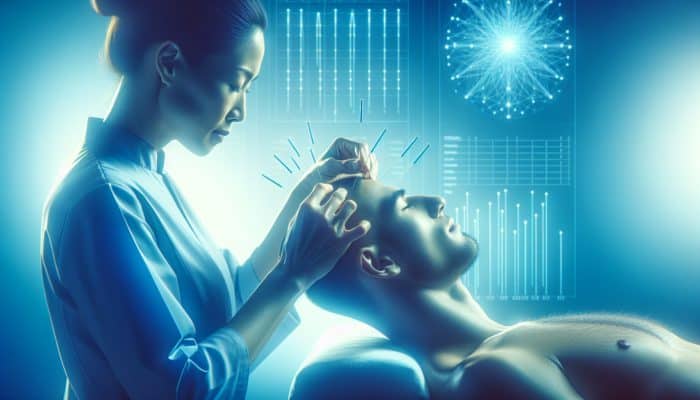 Acupuncture for Vertigo Treatment: A serene acupuncture session for vertigo treatment with needles in head and neck, in calming blue tones.