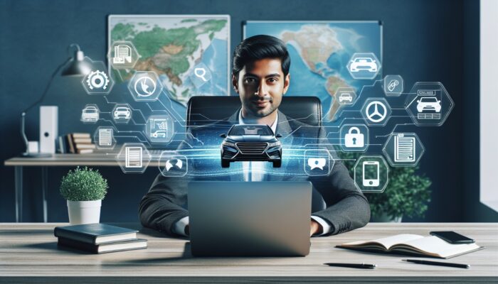 Person booking car rental online at desk with laptop, surrounded by travel guides and world map.