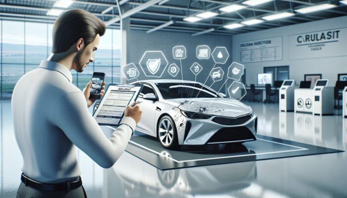 Person inspecting rental car, photographing damages, with insurance documents and checklist at modern facility.